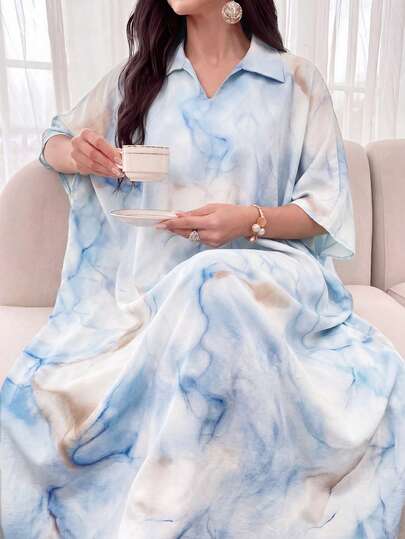 Al Najma Tie Dye Color Loose Fit Short Sleeve Polo Collar Dress, Spring/Summer