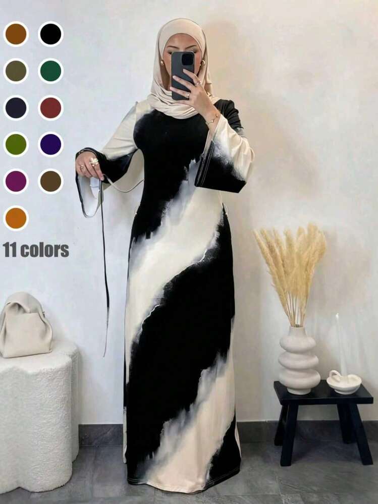 Elegant Arabic Style Mid-Length Dress, Women's Long Sleeve Round Neck Knit Fabric, Black & White Abstract Print Spring | SHEIN