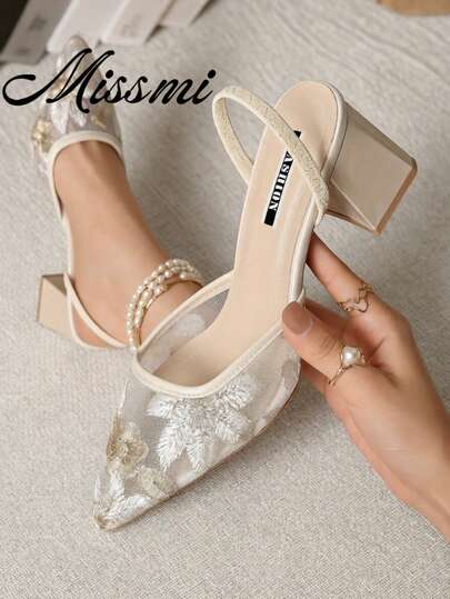 White Lace Embroidery Pointed Toe High Heel Slip-On Sandals, Modern Chinese Style, Elegant, Women Pumps,Elegant,Party Outfits,Summer Outfits
