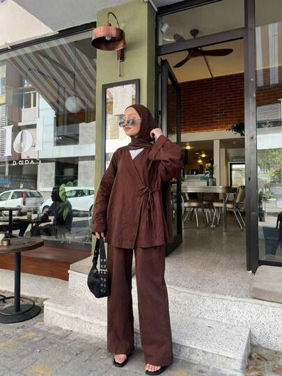 2pcs Women Elegant & Fashionable Loose Jacket And Wide-Leg Pants Set, Comfortable Islamic Clothing Suitable For Commuting And Casual Wear Spring