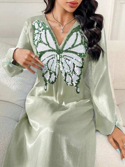 Yasmyna Women's Elegant V-Neck Long Sleeve Sequin Butterfly Dress Green Abaya Butterfly Abaya Sequined Butterfly Mukhawara Abaya Kaftan Jalabiya Dress