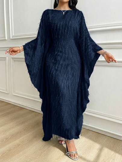 Al Najma Women's Elegant Crew Neck Velvet Long Dress,3D Tassel Floral Trim Glossy Fabric Sequined Sparkly Loose Comfortable Party Dresses For Al-Adha
