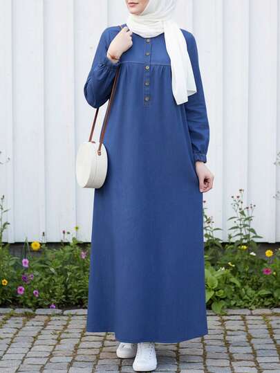 Women's Elegant Casual Solid Color Round Neck Half-Open Button Lantern Sleeve Long Robe Dress, Vintage Wooden Button Decor Long Dress Suitable For All Seasons