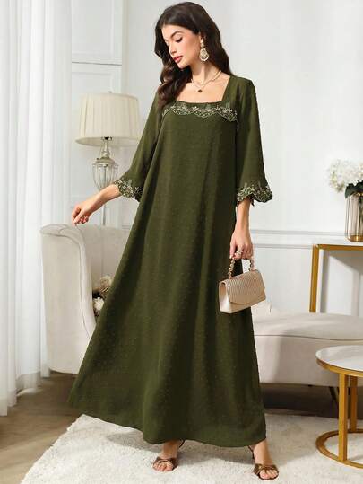 Al Najma Women's Square Neck Floral Embroidery Pattern Casual Party Travel Arabic Style Dress