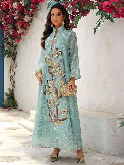 Women's Luxury Sequin Embroidery Notched Neck Dress, Modest Fashion Long Sleeve Arabian Dress For Party Wedding Guest, Ladies Islamic Clothing