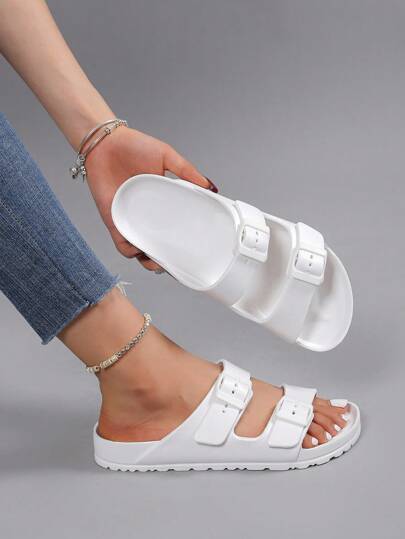 Women's Fashion Beige Flat Sandals With Adjustable Double Buckle, EVA Lightweight Slip-On Slides, Non-Slip, Durable, Soft, Comfortable, Shock-Absorbing, Outdoor Beach Slippers