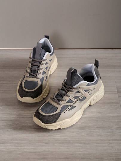Men's Chunky Sneakers, Colorblock Lace-Up Sneakers, Outdoor Round Toe Athletic Shoes, Versatile Student Sports Shoes, Trainers