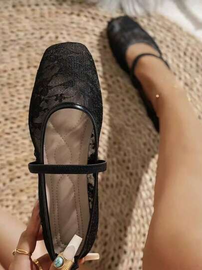 Gentle Elegant Rose Square Toe Lace Mesh Women's Shoes, Outdoor Casual Wedding Party Breathable Hollow Flat Ballet Shoes, Fashion Versatile Shoes