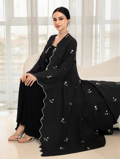Yasmyna Women's Loose Fit Abaya With Shell Trim And Floral Embroidery, Flare Sleeves