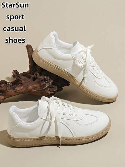 Women's Spring/Autumn New Casual Round Toe Low-Top Sneakers, Easy To Clean, Comfortable Flat Versatile White Shoes, Color Block Sports Casual Shoes, Retro Vulcanized Shoes, Suitable For All Seasons