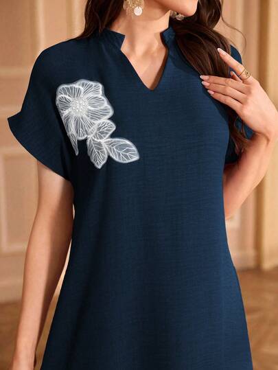Al Najma Embroidered Collar Floral Raglan Sleeve Mandarin Collar Elegant Dress