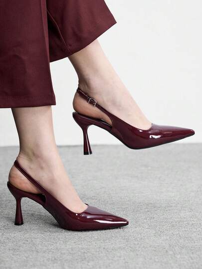 CUCCOO BIZCHIC Women Shoes Pointed Stiletto Burgundy Fashion Simple Basic Daily Versatile Commute To Work Shopping Women's High Heels Shoes Rear Strap Slingback Shoes Women's Shoes Spring Shoes