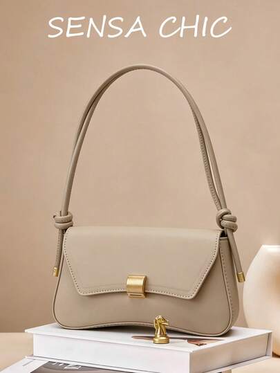 New Fashion Women's Underarm Bag, Knitted Bag With Personalized Metal Buckle Decor Design, Shoulder Bag, Solid Color PU Premium Style