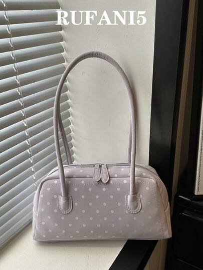 Fashionable New Solid Color Polka Dot Print Large Capacity Shoulder Bag, No Hanging Accessories, Classic Versatile Practical Commute Double Zipper Women's Handbag, Suitable For Shopping, Wallet, Shopping, Young Women, College Students, Newcomers, White-Co
