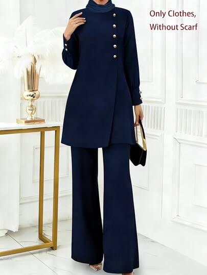 Summer Autumn Women Solid Matching Set, Lantern Sleeve Front Button Crop Top & Elastic Waist Flare Pants, Elegant Office Commute Two Pieces Outfit