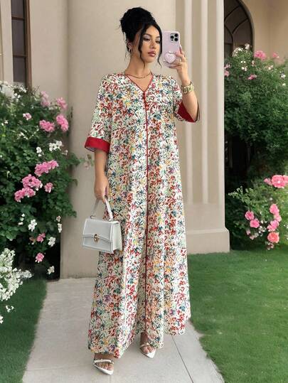 Al Najma Women's Short Sleeve Loose Ditsy Floral Vacation Pastoral Elegant Arabian Dress