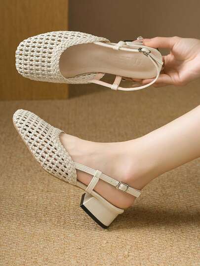 Square Toe New Woven Women's Sandals Chunky Heel Bow Beige High Heel Pumps Hollow Out Outdoor Party Shoes