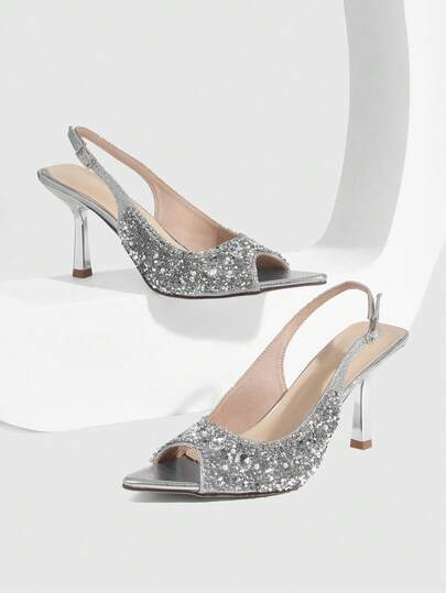 CUCCOO SZL Women's Sexy Rhinestone Strap Silver High Heels, Open Toe Stilettos For Party, Date, Formal Dress, Suitable For Christmas, Halloween, Thanksgiving, New Year Spring Shoes Prom Heels Summer Shoes