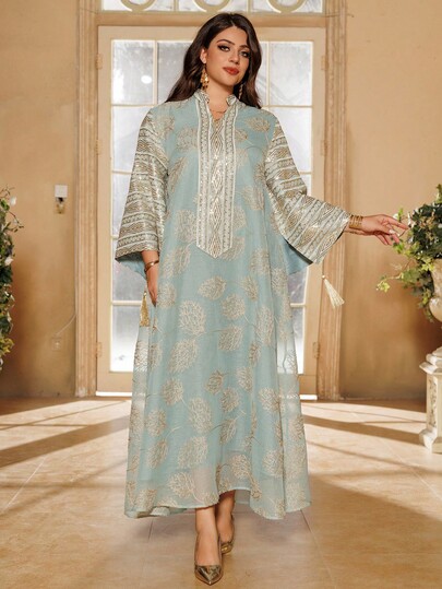 Women's Contrast Sequin Embroidery Notched Neck Dress, Ladies Islamic Clothing Vacation