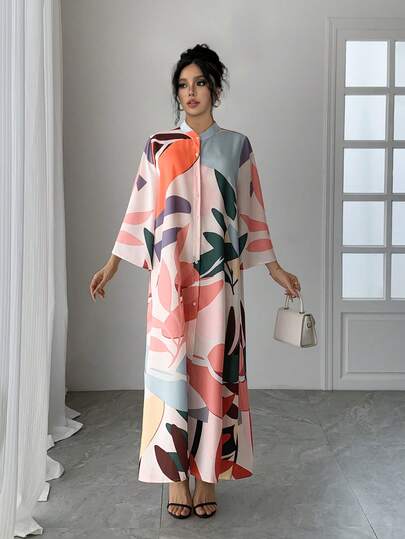Women's Luxury Arabic Style Dress, Round Neck Single-Breasted Cardigan, Flare Sleeve, Loose Fit, Elegant Casual, Lightweight & Breathable, Resort Robe, Traditional Arabic Clothing, New Formal Dress Eid Spring
