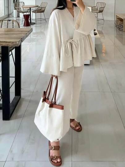 Women's Casual Loose 2 Pieces Set, V-Neck Long Sleeve Top And Wide Leg Pants White Spring