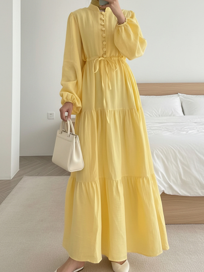 Women's Elegant Solid Color Button Belt Tie-Knot Lantern Long Sleeve Patchwork Hem Long Robe Yellow