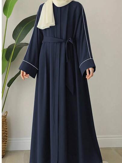 Black Turkish Dubai Middle Eastern Style Women's Loose Robe With Zipper And Belt, Long Sleeve Abaya Eid Spring