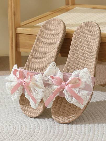 Women's Linen Slippers, Couple Indoor & Outdoor Wear, Non-Slip Breathable Lace Bow Decor Lightweight Slides, Suitable For Spring, Autumn, All Seasons