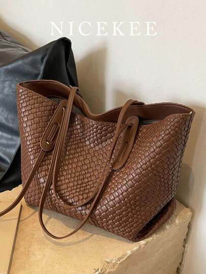 Women's Versatile Solid Color Woven Pattern PU Leather Handbag, Minimalist Large Capacity