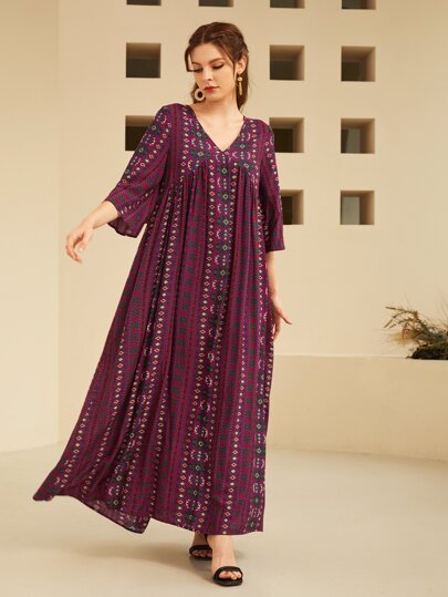 Al Najma Burgundy Red 1 PC V-Neck Smock Modest Dress
