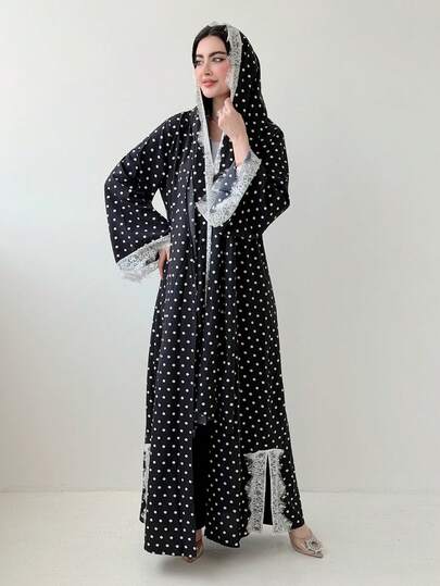 Yasmeen Edit Yasmeen Edit Women's Polka Dot Print Lace Trim Abaya With Scarf,Summer Beach Cardigan,Casual Kimono,Luxury Long Abaya&Jalabiya,Birthday Outfits,Graduation Outfit,Wedding Party Outfit,Summer Vacation Outfits,Festival Outfits Black Spring