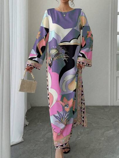 Women's Luxury Round Neck Long Sleeve Loose Elegant Casual Breathable Holiday Style Robe, Arabic Traditional Long Dress, Long Robe Dress, Festival Formal Gown Spring