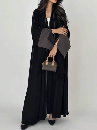 1pc Women Minimalist Color Block Sleeve Style Long Dress, Elegant Cardigan Maxi Abaya Suitable For Everyday & Festivals, Modest Kaftan Eid Spring