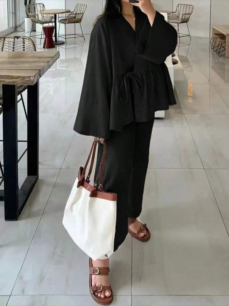 Women's Casual Loose 2-Piece Set, V-Neck Long Sleeve Top + Wide Leg Pants, Fashion Outfit For Muslim Festivals And Spring/Summer Black | SHEIN