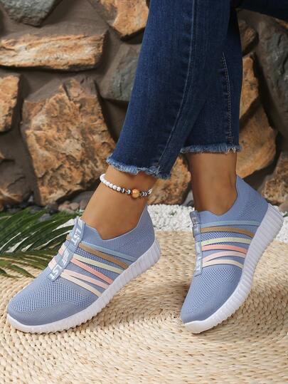 Women's Colorful Striped Lace-Up Breathable Knit Sneakers, Super Lightweight, Comfortable For Casual Walking, Fitness, Daily Wear