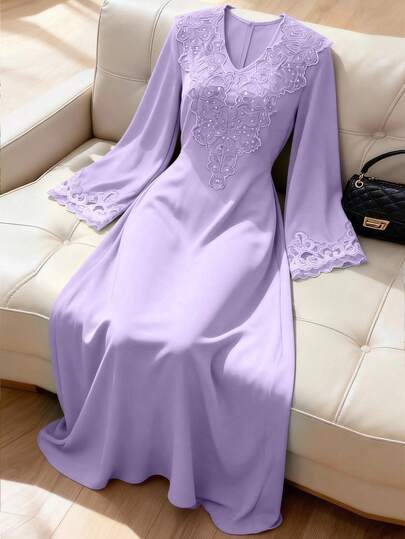 Al Najma Solid Color V-Neck Loose Embroidered Collar Elegant Long Sleeve Flared Dress For Women
