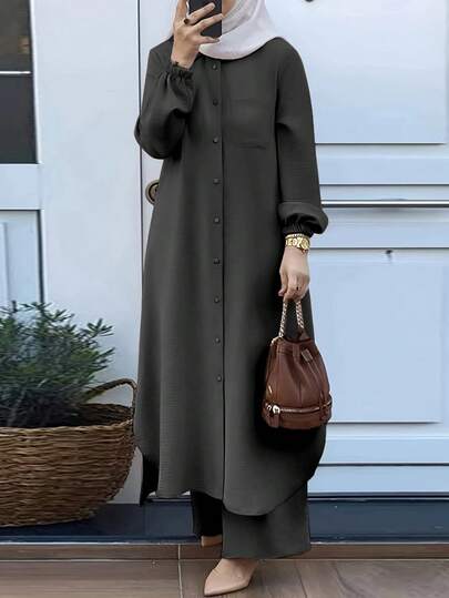 2pcs Set Arabic Style Long Sleeve Shirt Top And Wide Leg Pants, Elegant & Comfortable, Suitable For Spring Home And Daily Wear
