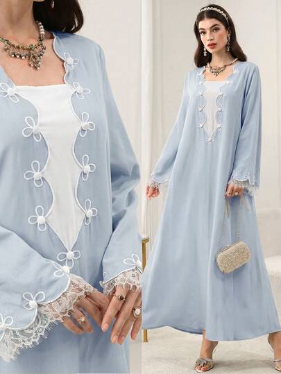 Al Najma Mint Green Embroidered Lace Patchwork Long Sleeve Dress, Fashionable For Spring/Summer
