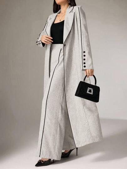 Heiryn Women's Contrast Color Piping Front Button Casual Arab Long Sleeves Abaya Robe Set With Pant, Elegant For Daily/Work Formal Office Dinner Clothes