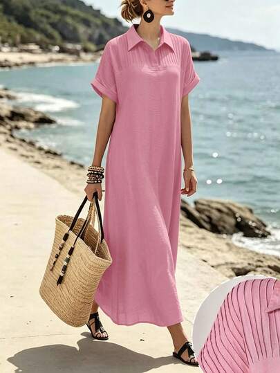 Al Najma Summer Lapel Pleated Batwing Sleeve Loose Pink Arabic Dress