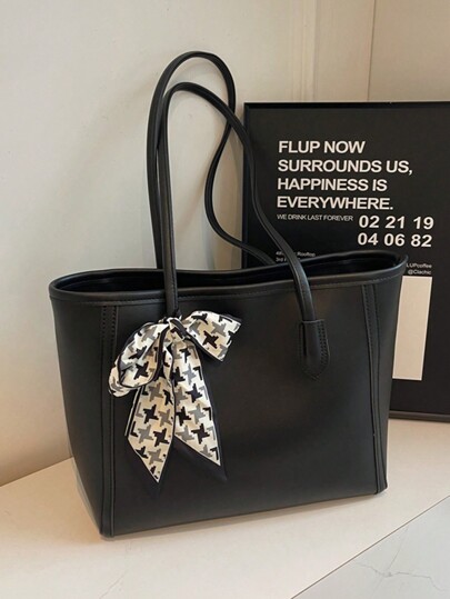 Fashion Solid Color PU Tote Bag With Scarf, Large Capacity Vintage Minimalist Casual Shoulder Bag,