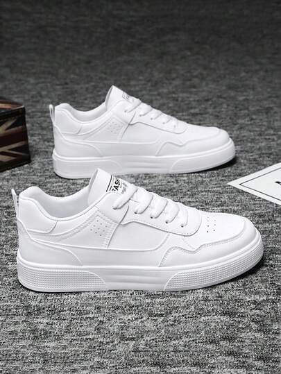 Men's Simple Style Pure White Patchwork Lace-Up Skate Shoes, Autumn/Winter, Small White Shoes, Fashionable Versatile Casual Commute Walking Couple Sneakers For All Seasons