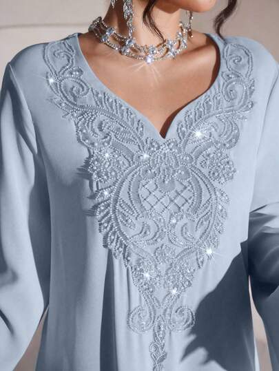 Al Najma Luxurious Embroidered & Beaded Loose Long Sleeve Split Maxi Dress, Turkish & Arabic Traditional Style