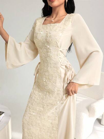 Yasmyna Women's Elegant Square Neck Patchwork Embroidered Cinched Waist Waist Dress, Spring/Summer