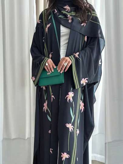 Women's Navy Blue Robe, Pink Floral Print Striped Details, Loose Long Sleeve, Includes Headscarf, Casual Outfit Vacation Spring