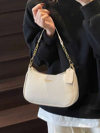 DAZY Simple Solid Color Women's Shoulder Bag, 2025 Faux Leather Baguette Bag, Zippered Closure,