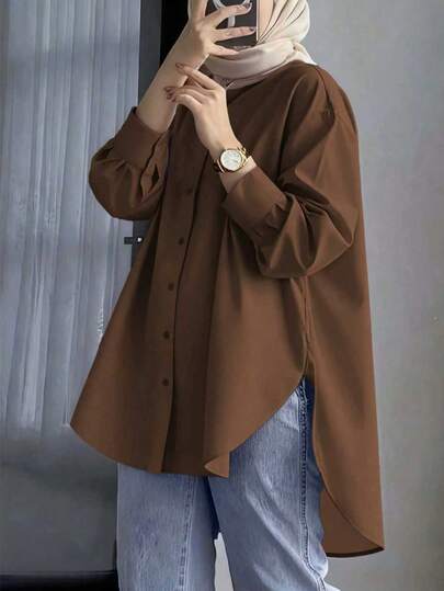 Women's Long Sleeve Plaid Shirt, Collared Button Front, Woven Fabric, Simple And Elegant Design Eid Spring Brown