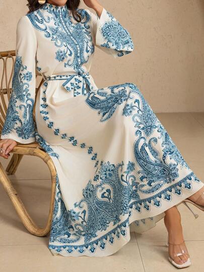 Women's Resort Paisley Muslin Long Dress (Random Print), Modest Kaftan Spring Elegant Vacation